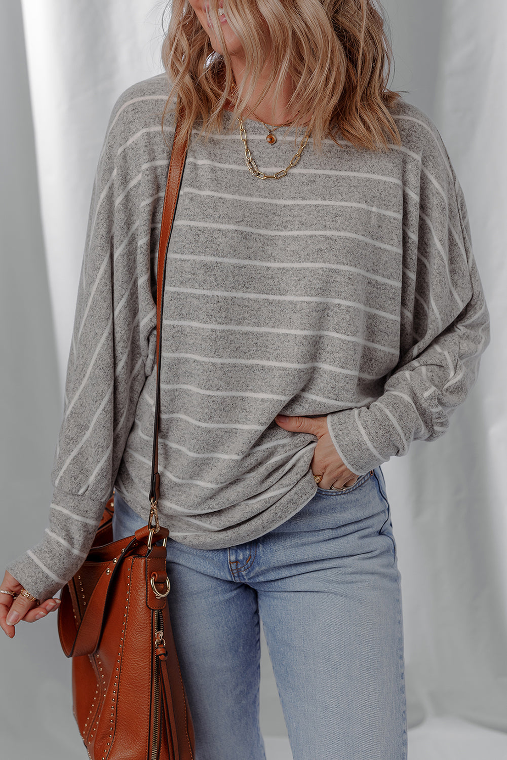 Grey Stripe Dolman Sleeve Drop Shoulder Top - eAura