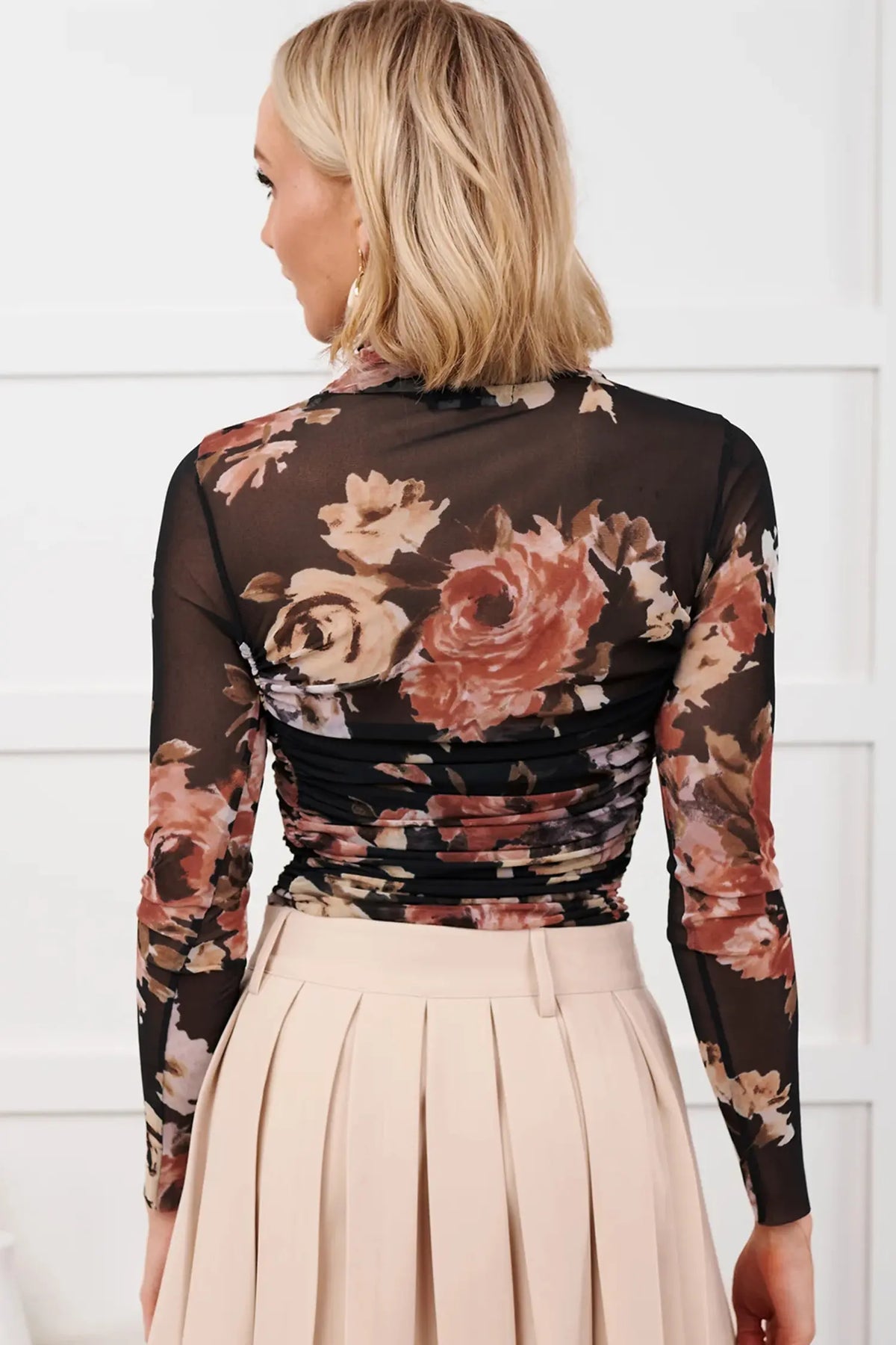 Floral Mesh Long Sleeve High Neck Bodysuit – Brown