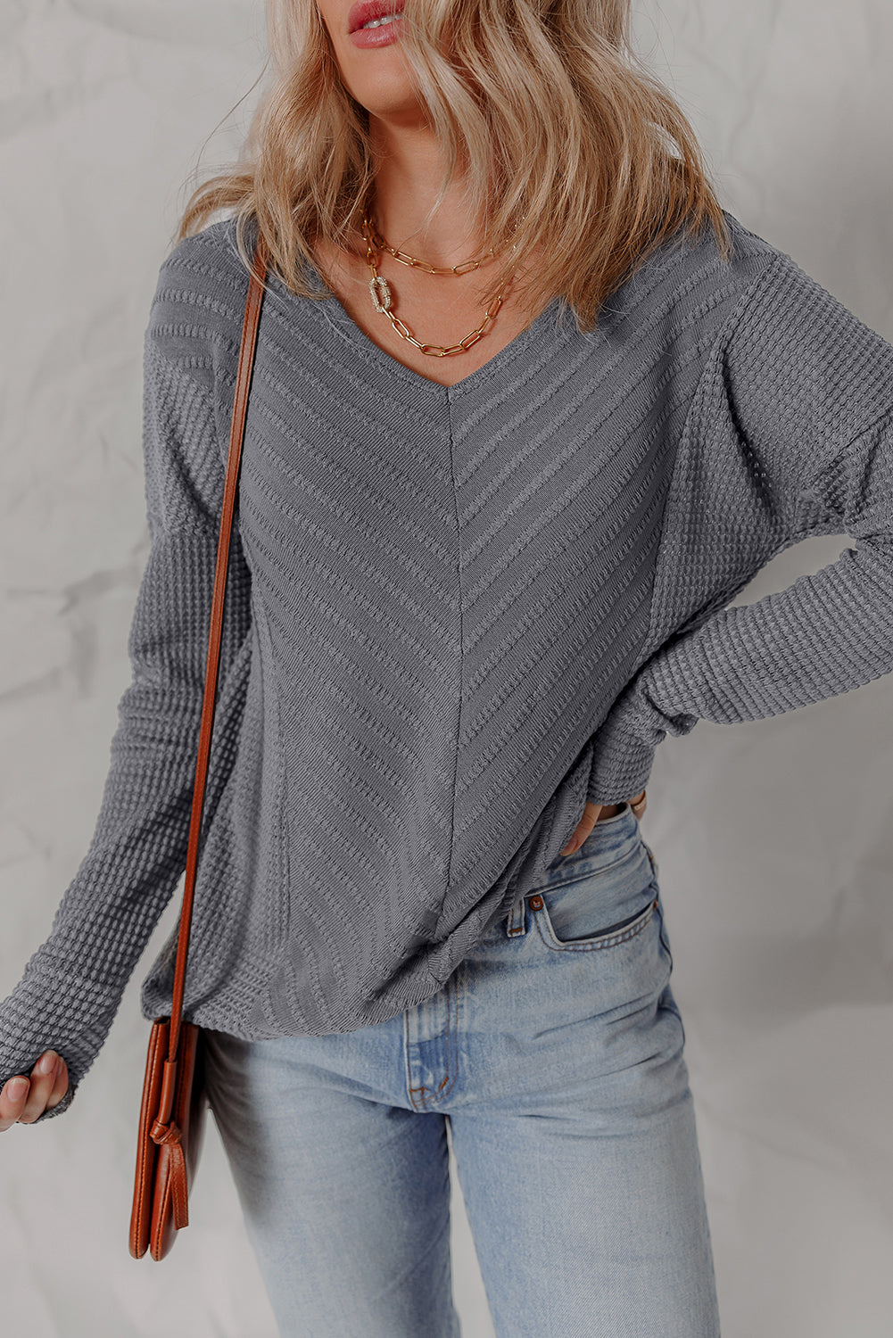V-Neck Chevron Textured Long Sleeve Top - eAura