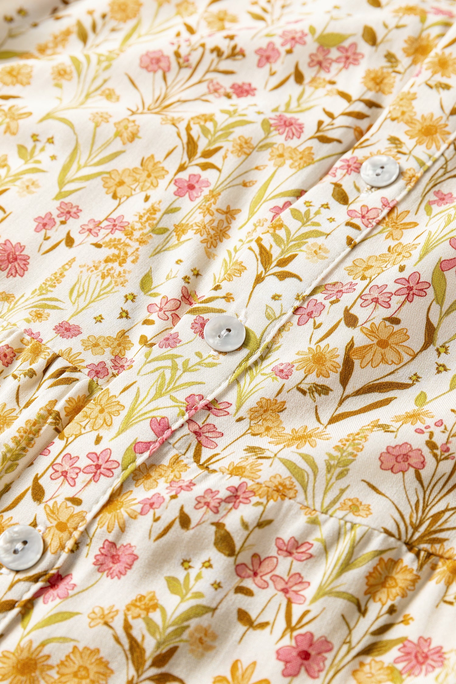 Floral Print Frilly Trim Smocked Cuff Long Sleeve Loose Shirt Dress - eAura