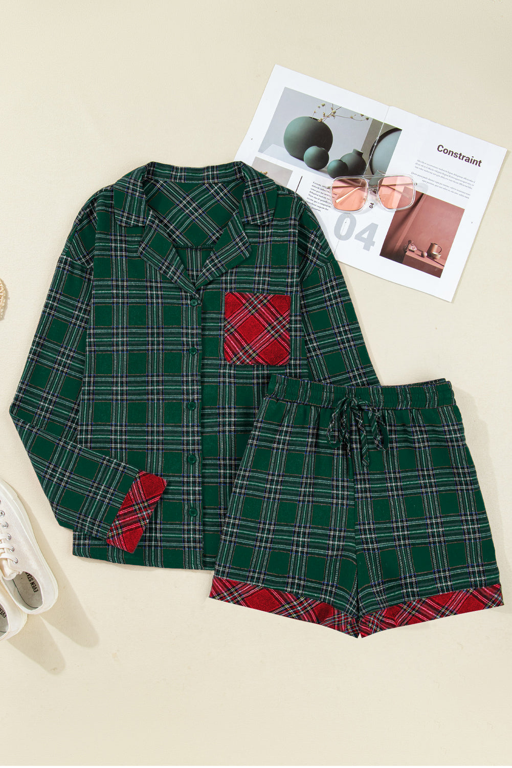 Plaid Contrast Christmas Holiday Long Sleeve Shirt and Shorts Pyjamas - eAura