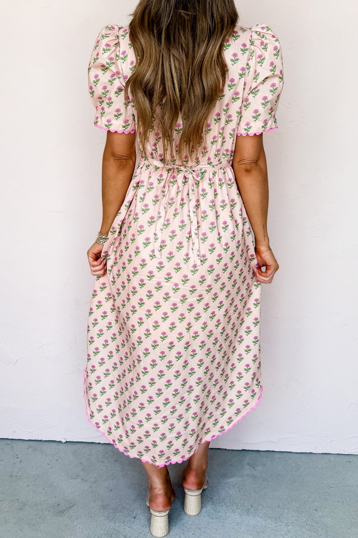 Floral Print V-Neck Scallop Trim Button Front Short Sleeve Long Dress