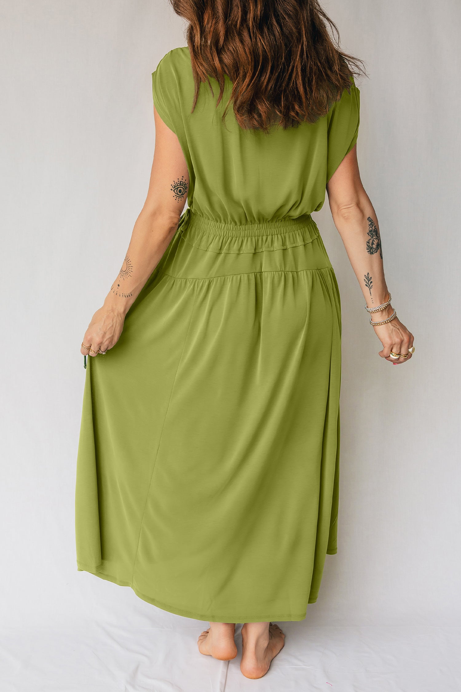 V-Neck Cap Sleeve Tunic Elastic Waist Versatile Maxi Dress