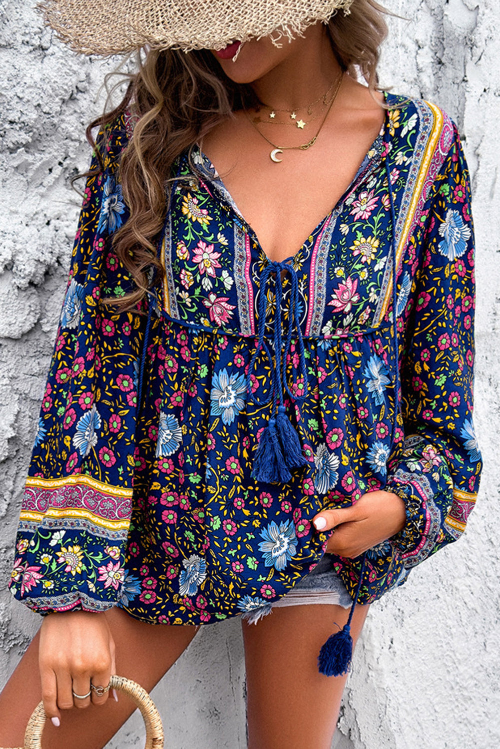 Traditional Print Tassel Tie Front Blouse - eAura