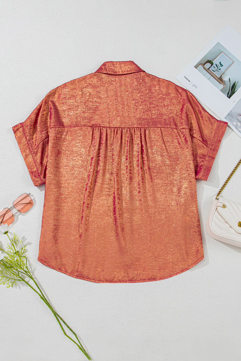 Rose Red Plus Size Metallic Sheen Short Sleeve Button Up Shirt BB Fashion Outlet