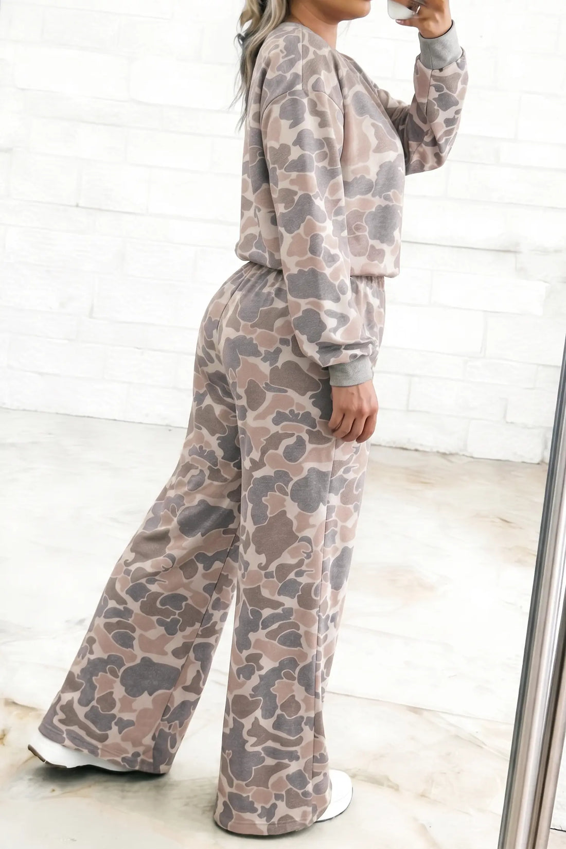 Camouflage Long Sleeve Round Neck Two-Piece Plus Size Set – Multicolour