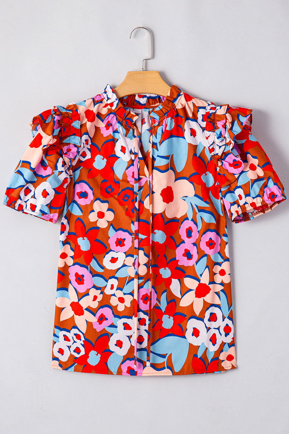 Brown Flower Print Self Tie Frilled Collar Puff Sleeve Blouse eAura
