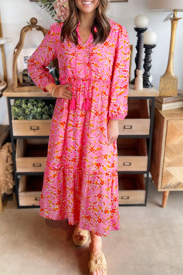 Pink Floral Long Sleeve Tassel Tied V-Neck Maxi Dress
