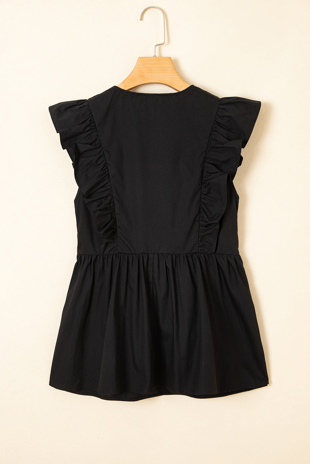 Black Contrast Ricrac Trim Ruffled V Neck Peplum Top eAura