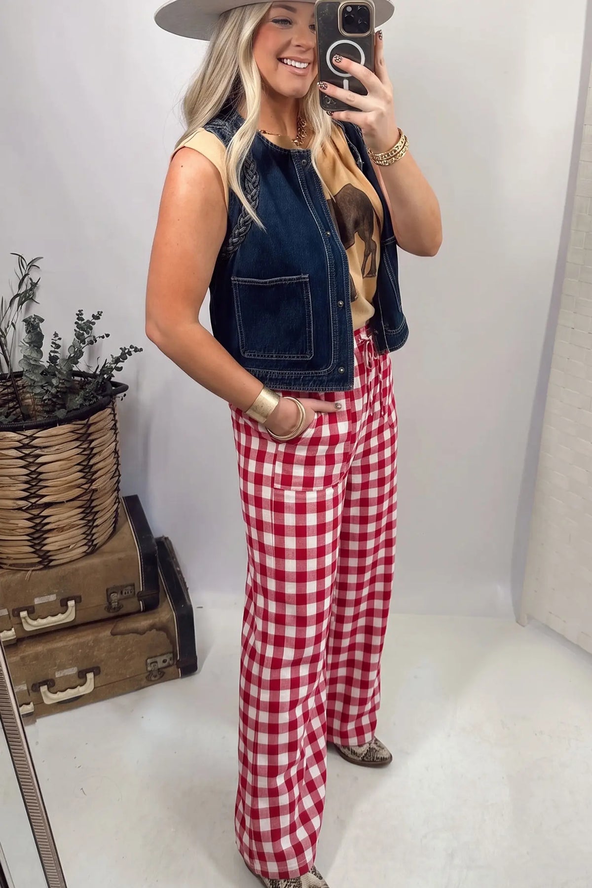 Tie Elastic Waist Shift Pants — Gingham Plaid