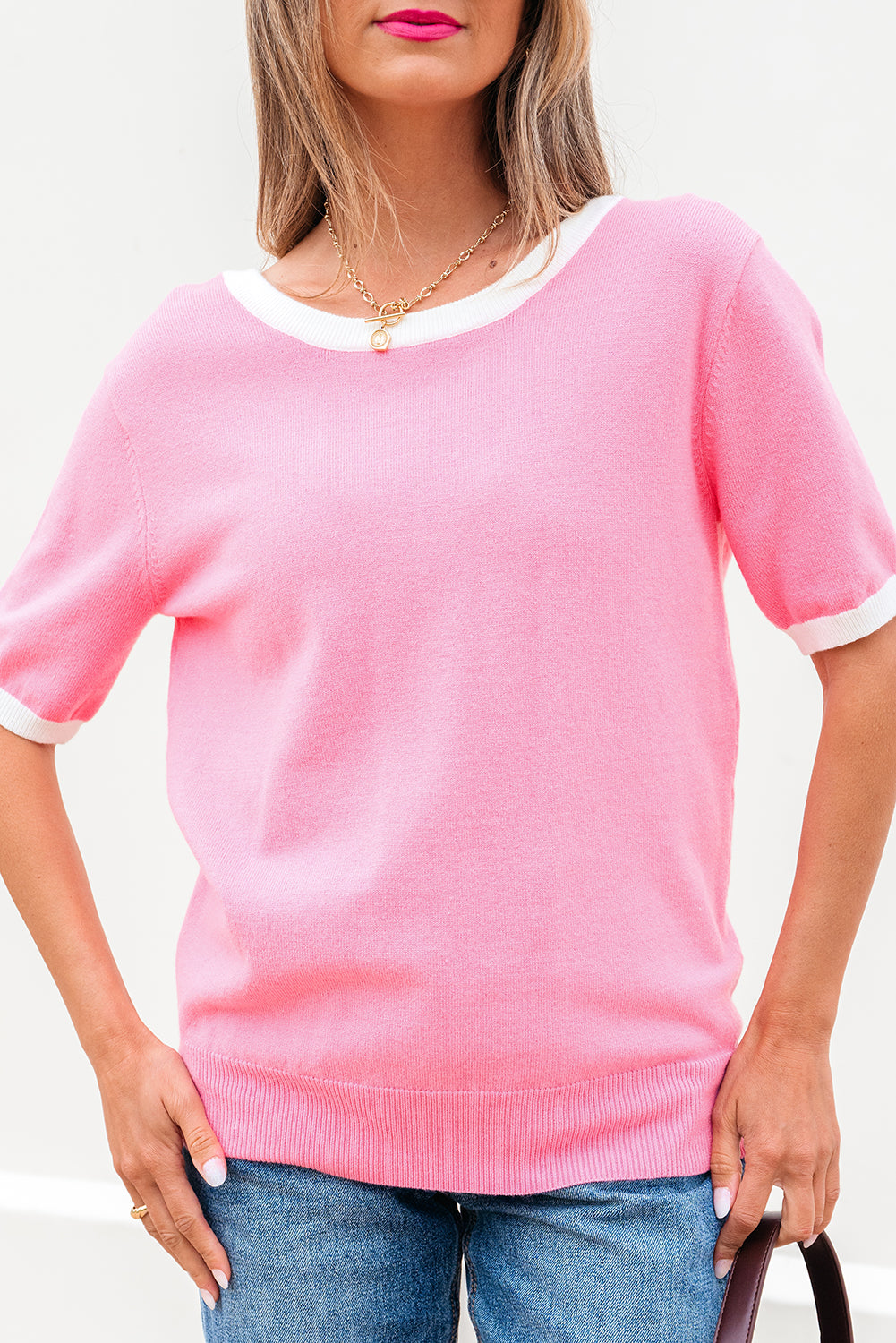 Colourblock Bow V-Shape Cut Back Short Sleeve Sweater eAura
