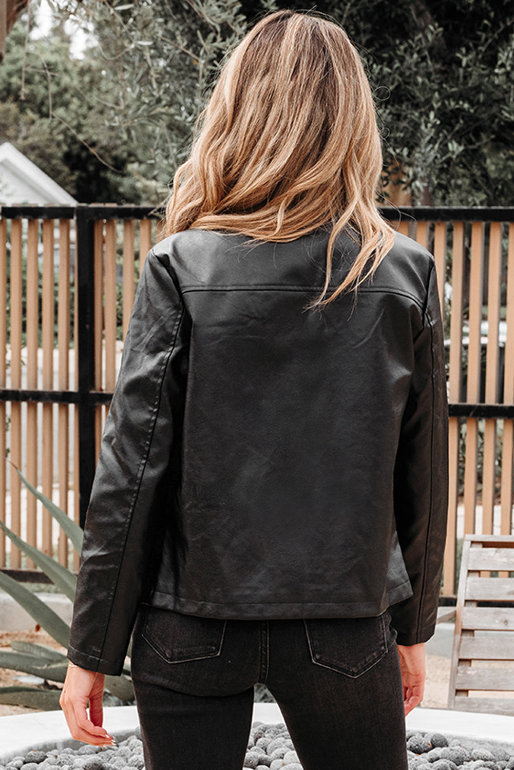Black Faux Leather Buttoned Front Boxy Jacket eAura