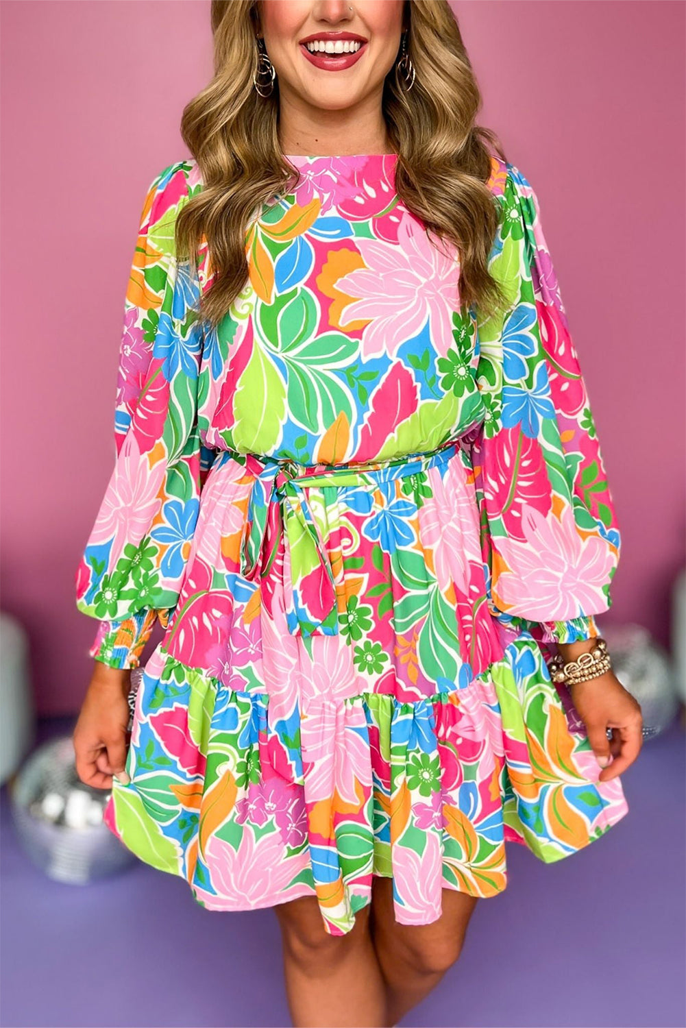 Green MultiColour Botanical Bubble Sleeve Mini Dress eAura