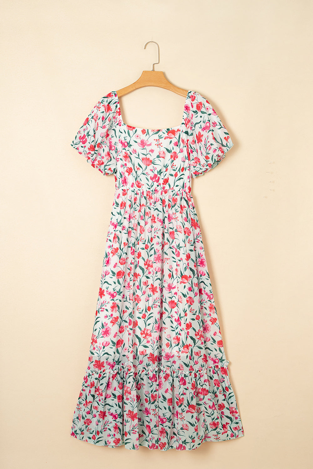 Pink Floral Puff Sleeve Square Neck Empire Waist Tiered Maxi Dress eAura