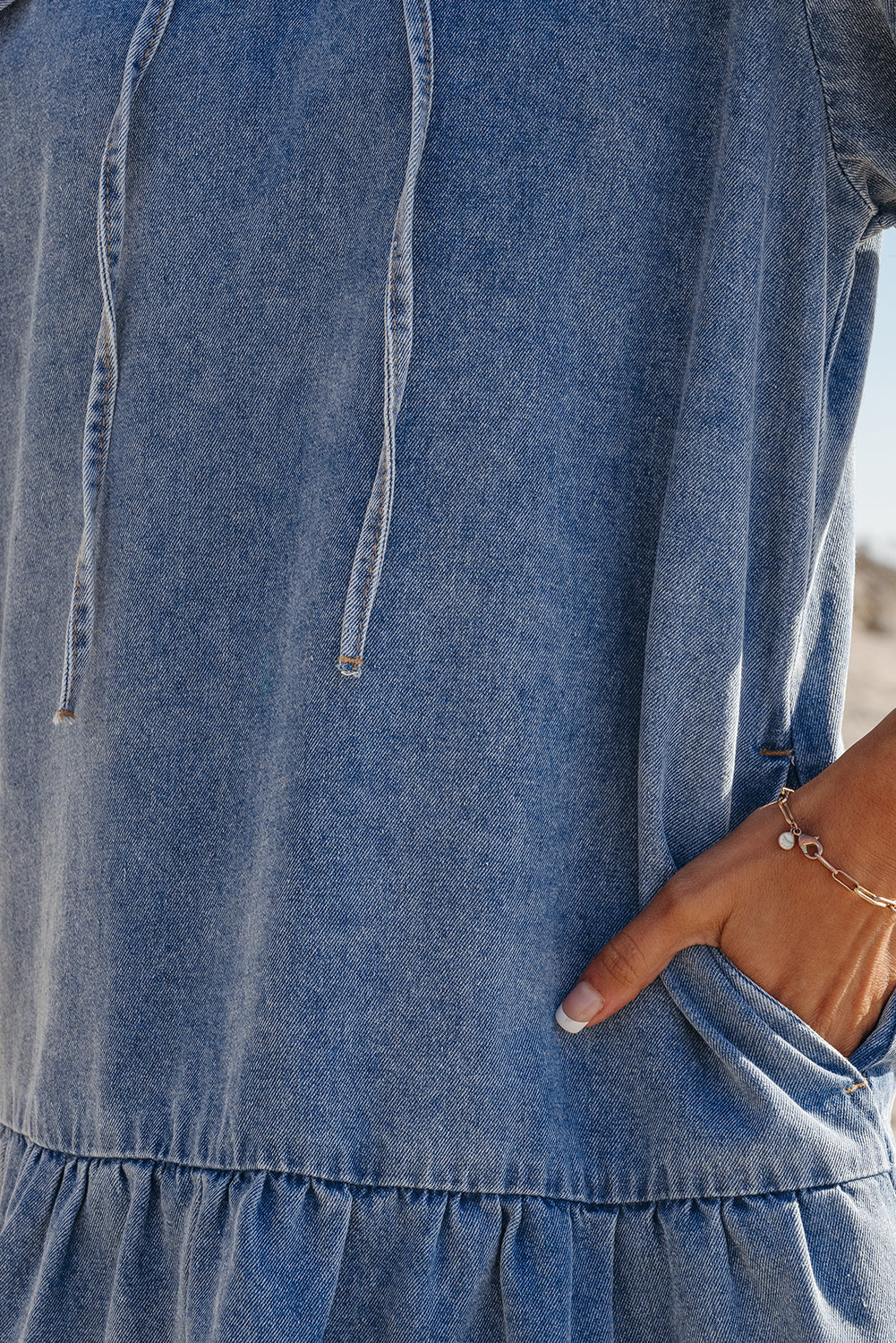 Dusk Blue Ruffled Collared Side Pockets Puff Sleeve Denim Mini Dress eAura
