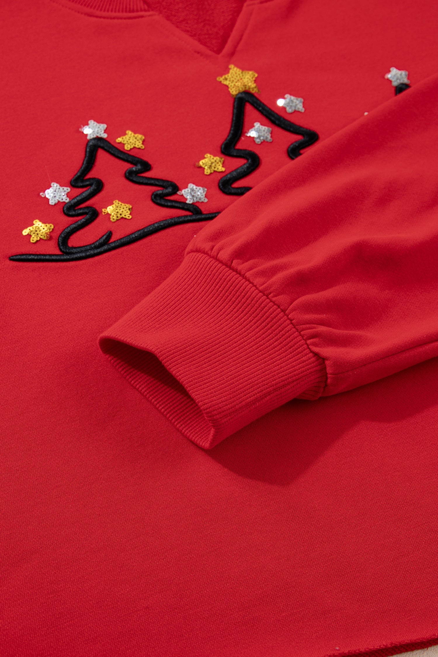 Red Christmas Tree Embroidered Notched Neck Cropped Sweatshirt - eAura