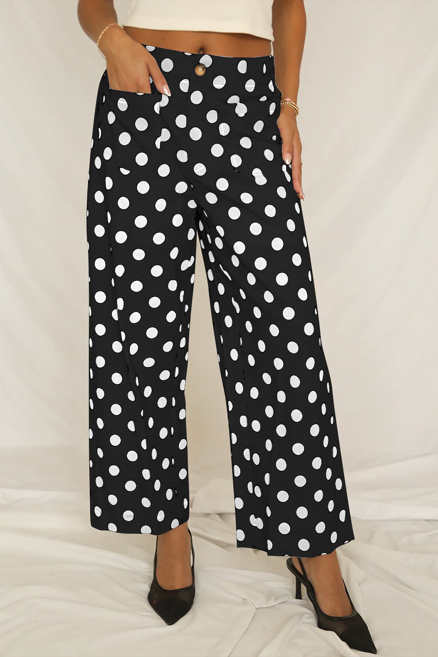 Sky Blue Polka Dot Print Patched Pocket Mid-rise Straight Leg Pants – Light Blue