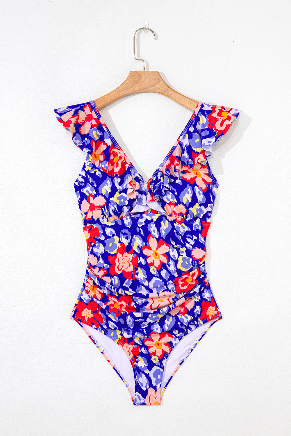 Blue Floral Ruffle Trim V Neck Lace-up Back Tummy Control One Piece Swimsuit eAura