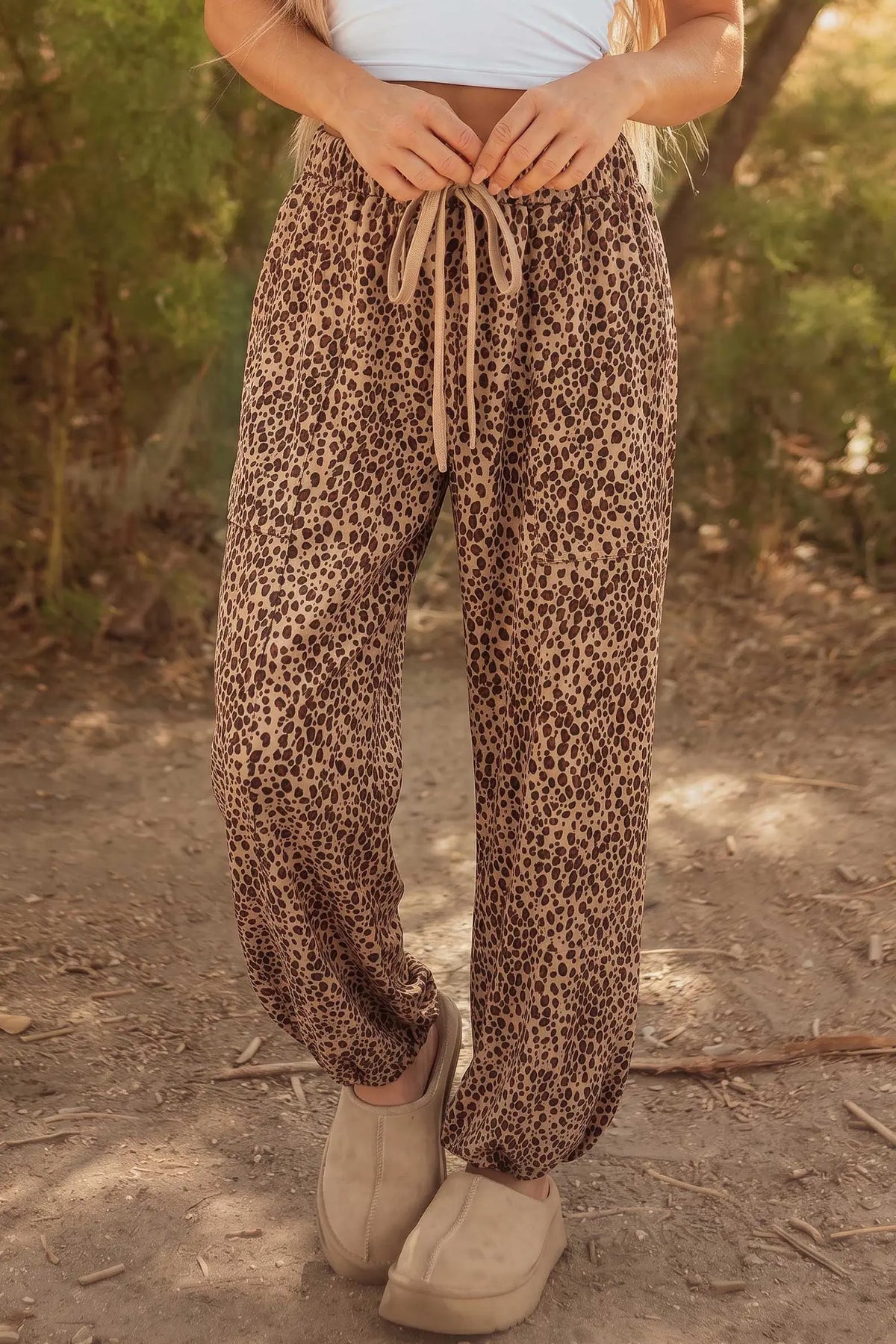 Leopard Print Drawstring Waist Patch Pockets Pants – Khaki