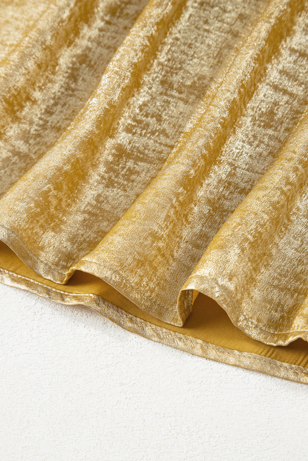 Gold Glossy Round Neck Pleated Detail Short Sleeve Blouse eAura