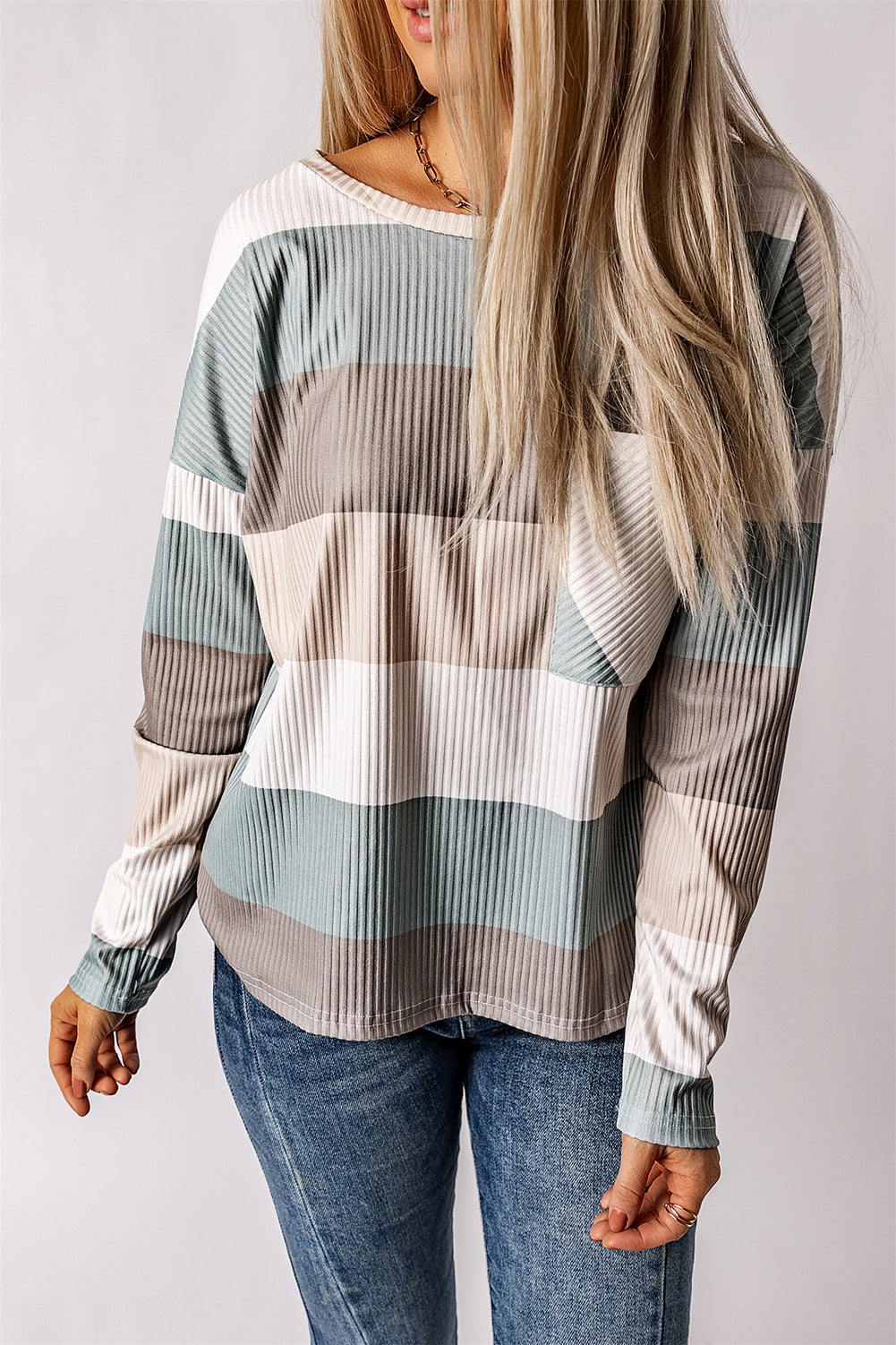 Green Colour Block Ribbed Long Sleeve Top with Pocket eAura