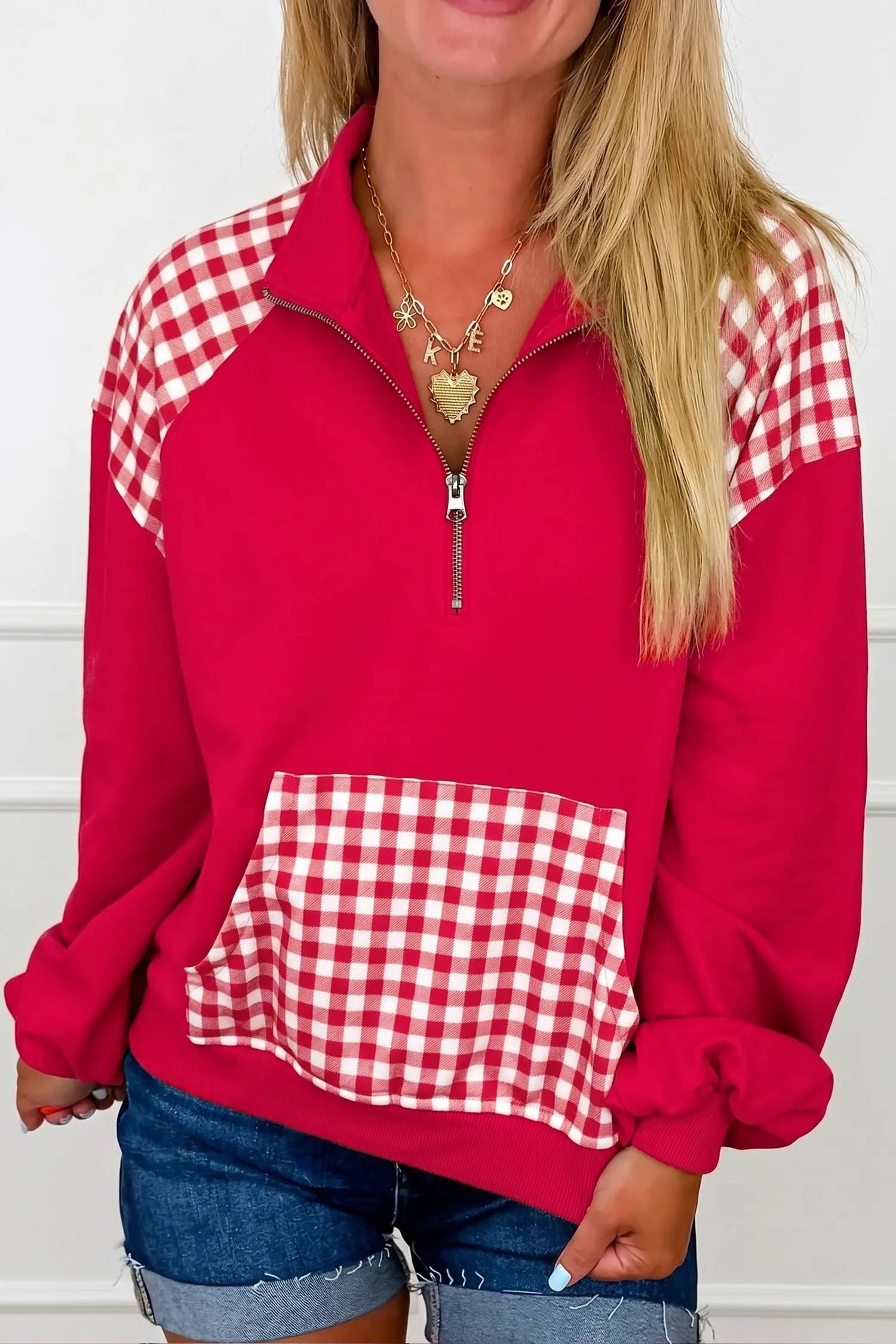 Patchwork Plaid Pocket Quarter Zip Sweatshirt – Navy Blue