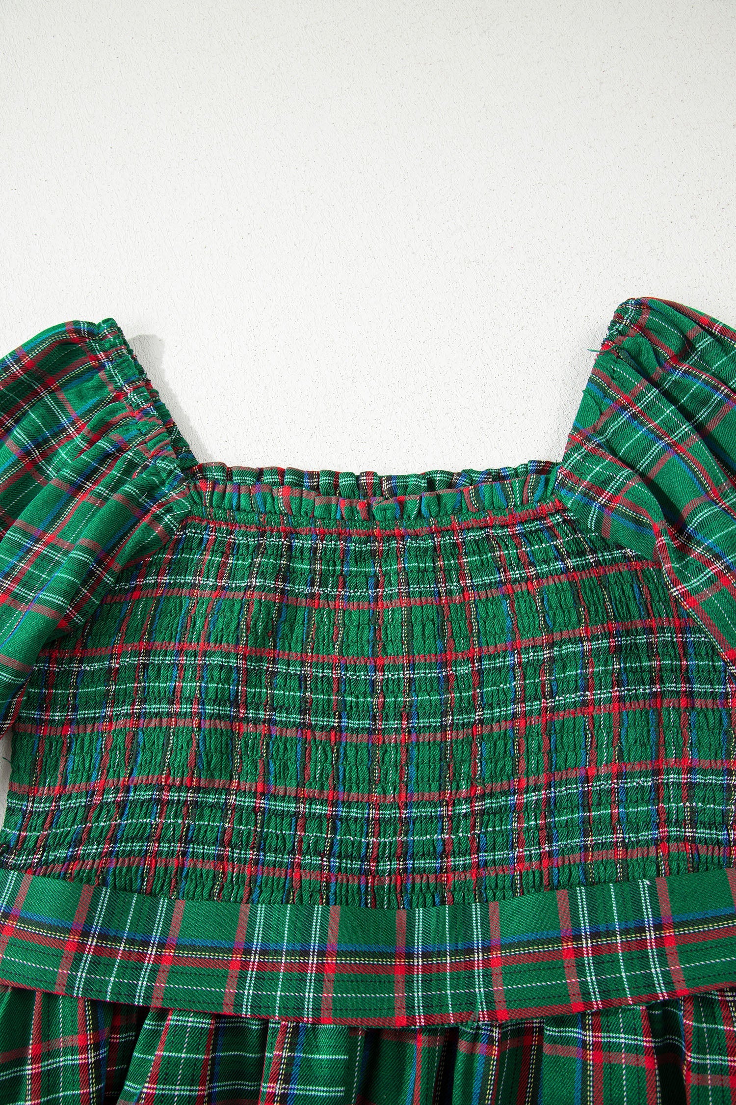 Tartan Plaid Square Neck Puff Sleeve Knot Waist Flared Midi Dress - eAura