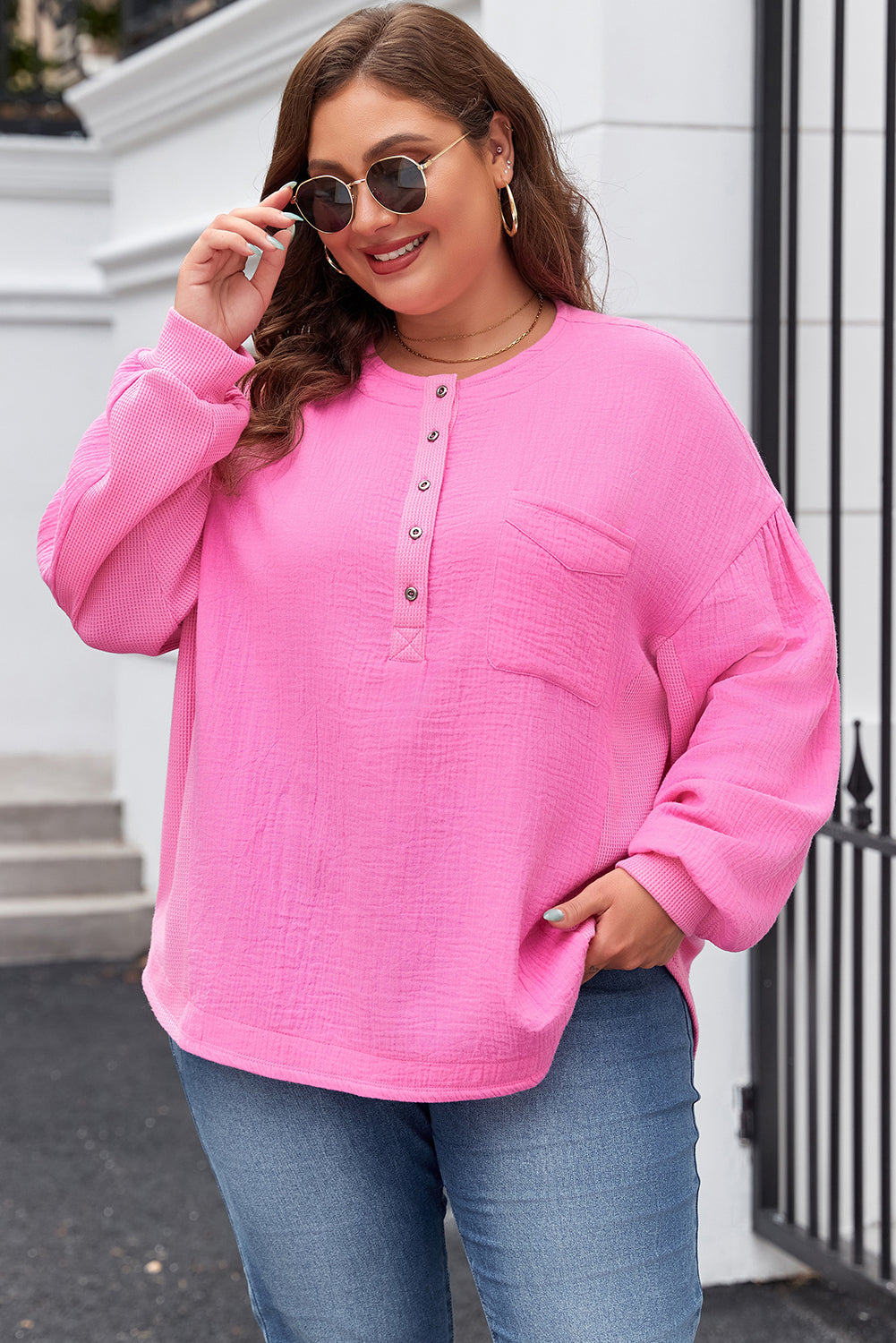 Bonbon Half Buttons Chest Pocket Drop Sleeve Plus Size Top BB Fashion Outlet