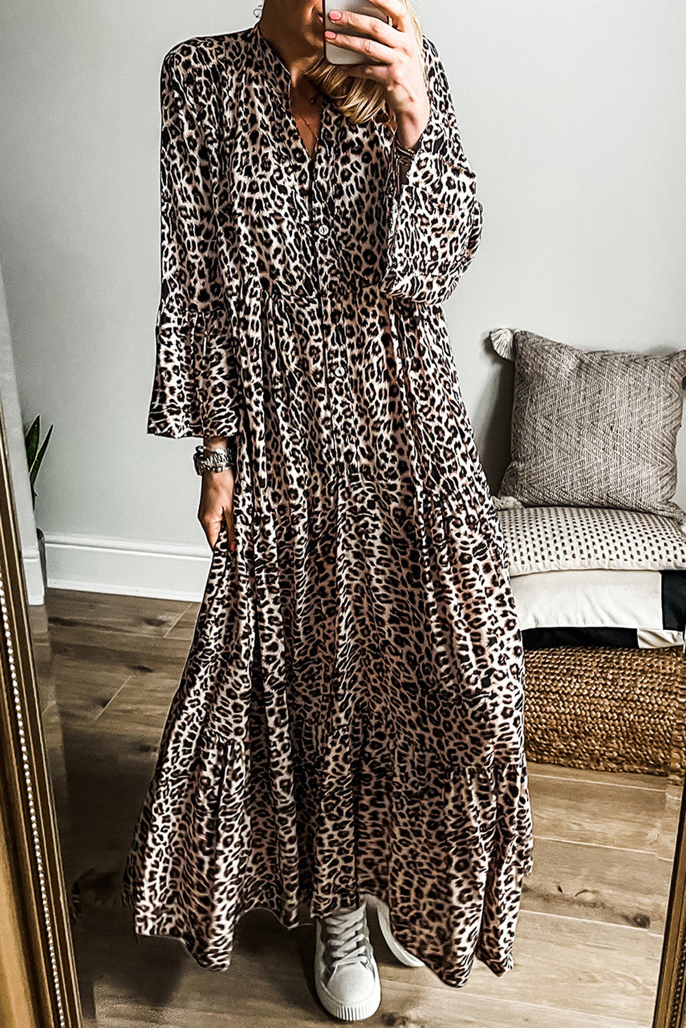 Apricot Leopard Print Tiered Wide Sleeve Maxi Dress eAura
