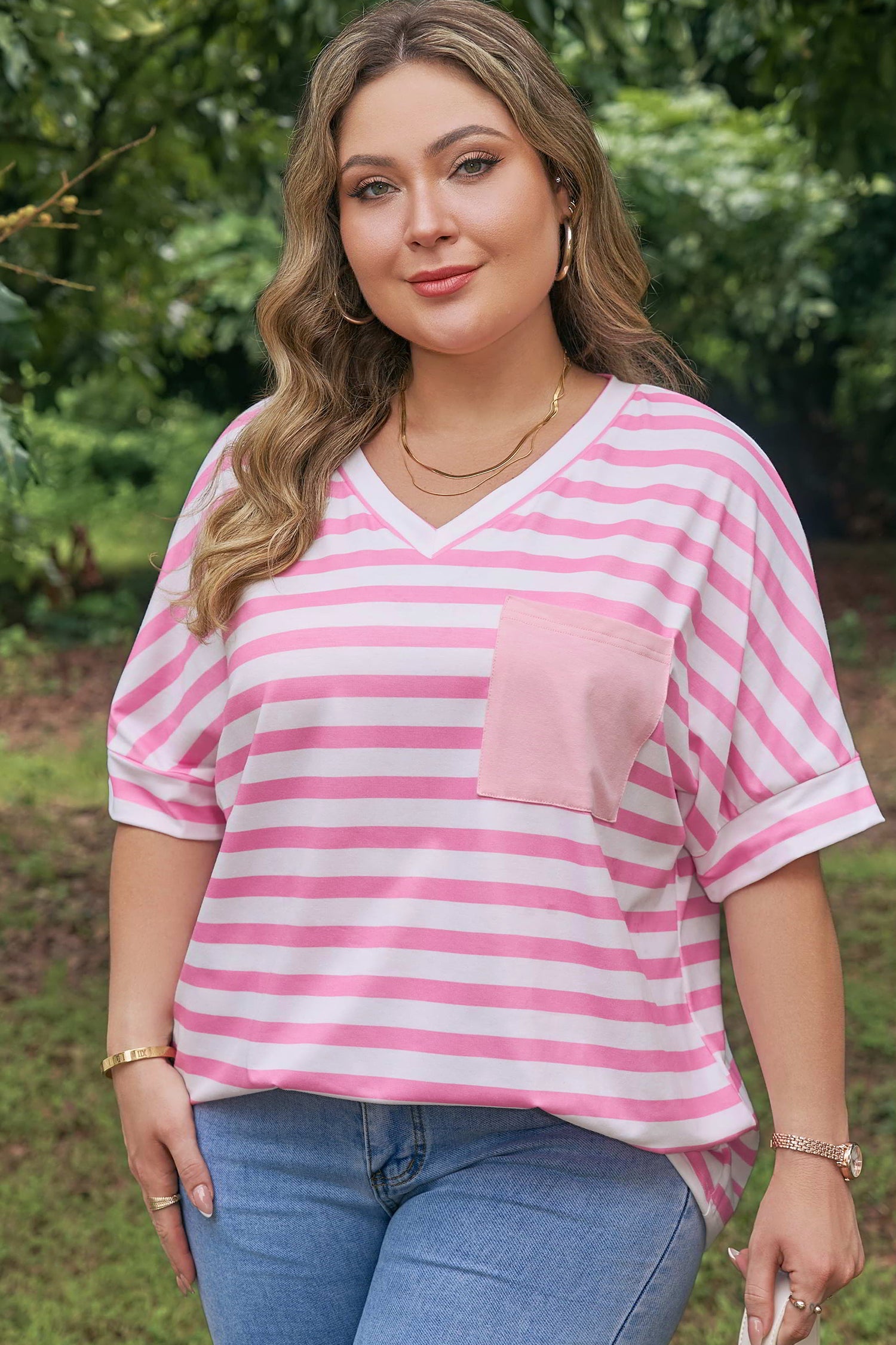 Plus Size Stripe Colourblock Patched Pocket V-Neck Tee