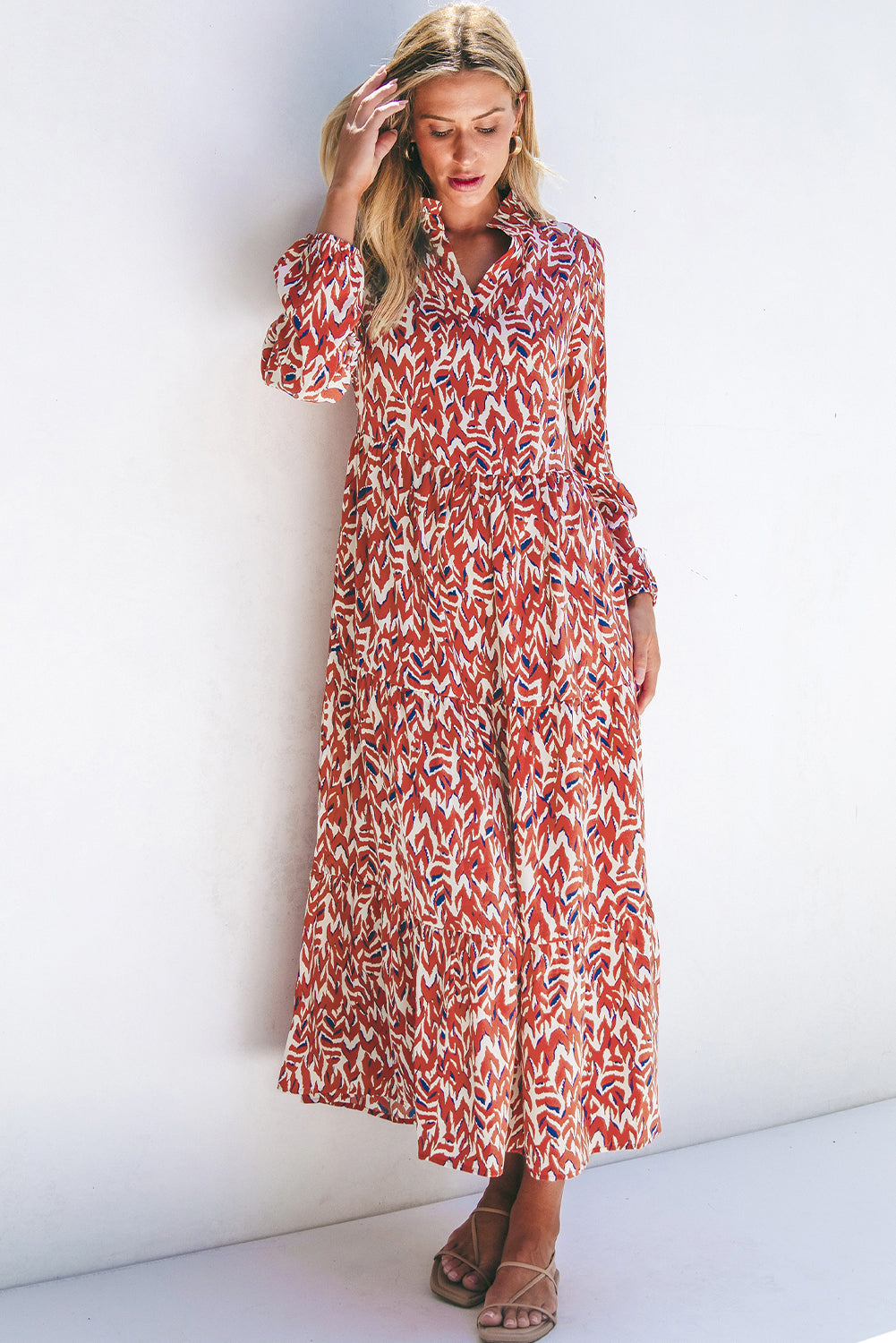 Orange Abstract Print V Neck Pleated High Waist Midi Dress eAura