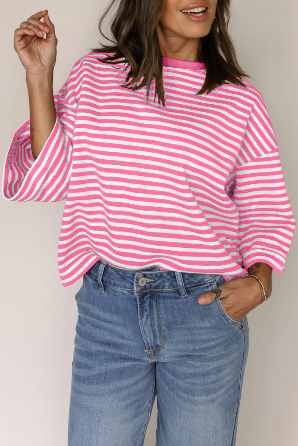 Pink Stripe Bowknot Cutout Back Drop Shoulder Wide Bracelet Sleeve Loose Tee eAura
