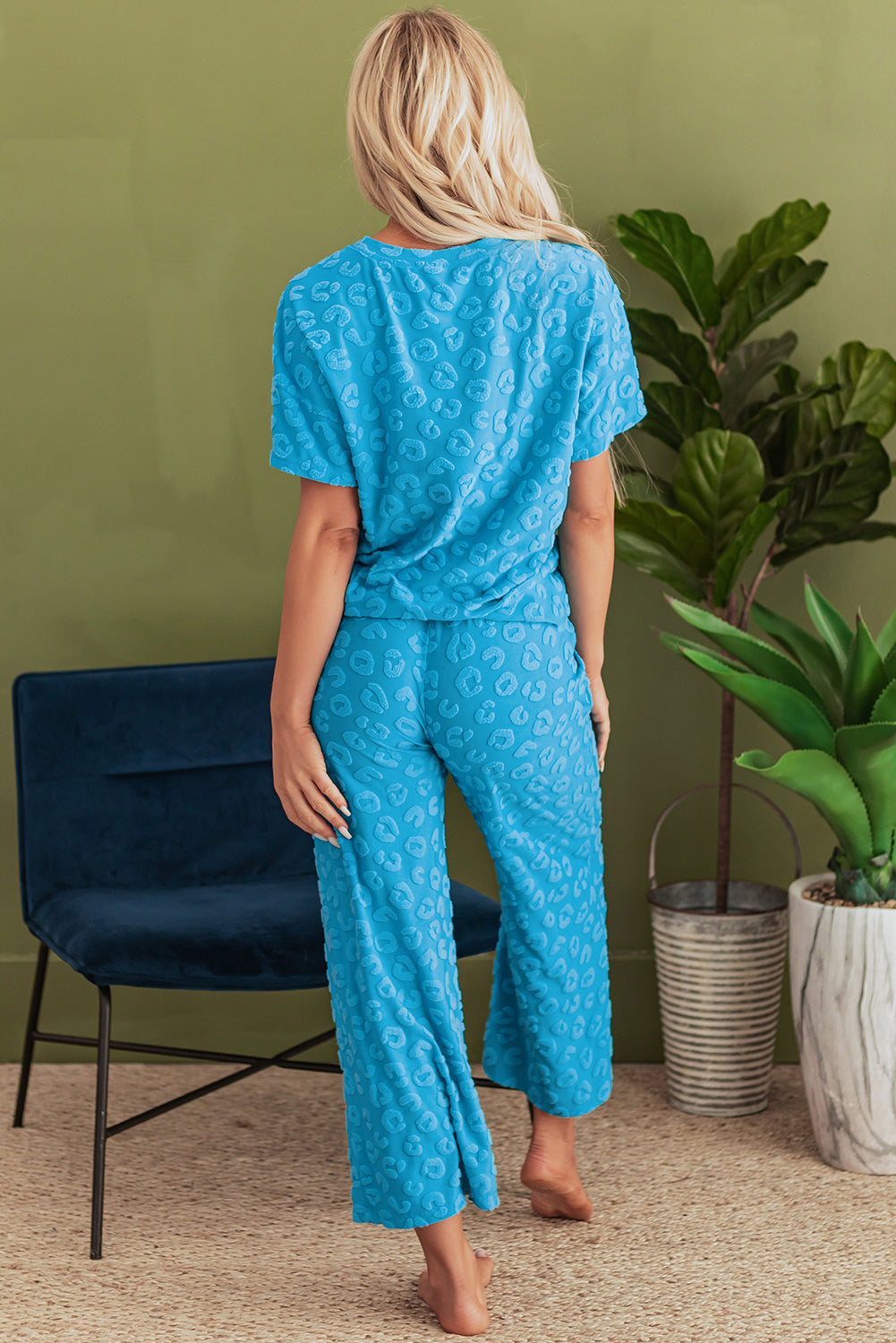 Blue Leopard Jacquard Short Sleeve Top and Wide Leg Trousers Set eAura