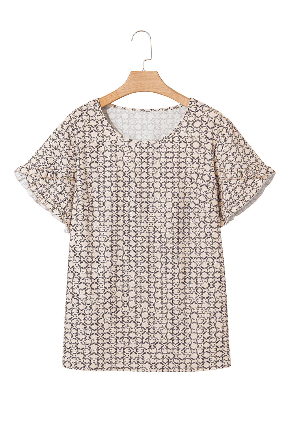 Khaki Plus Size Geometric Print Ruffled Sleeve Blouse BB Fashion Outlet