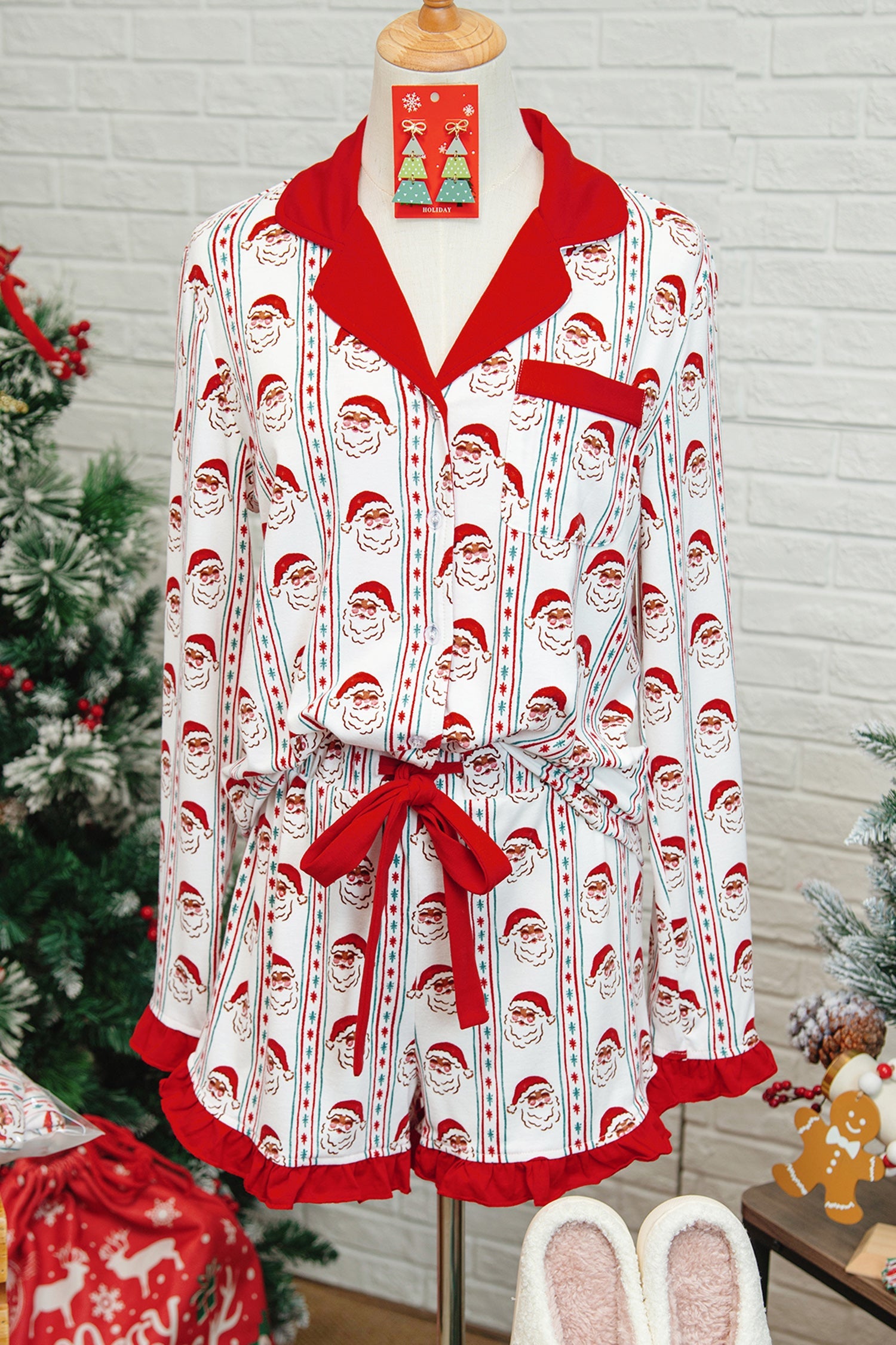 White Santa & Stripes Ruffle Pyjama Shorts Set - Loungewear Sleepwear/Sleepwear