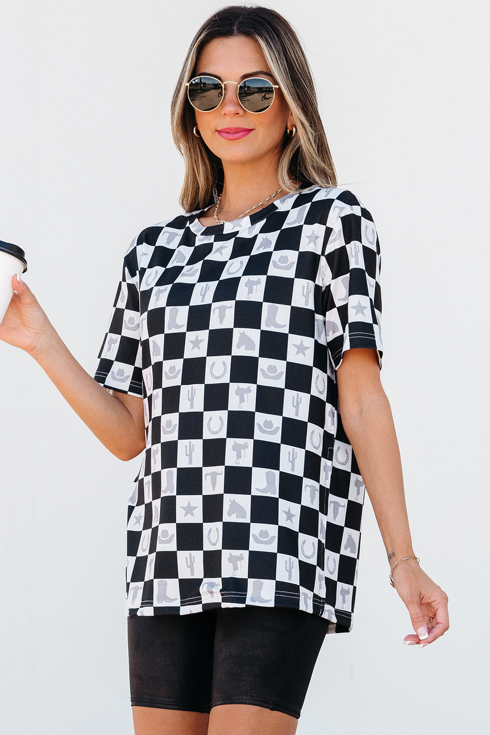 Black Western Fashion Checkerboard Print Side Split T Shirt eAura