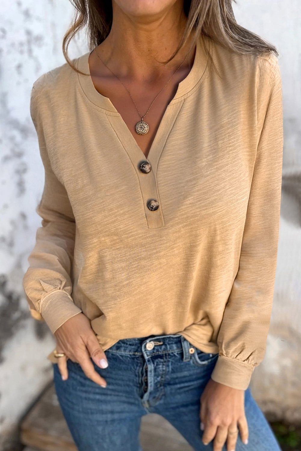 Button V-Neck Long Sleeve Top - eAura