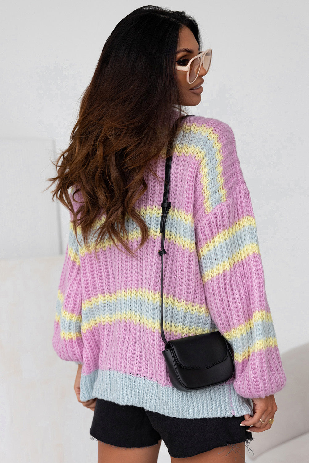 Pink Contrast Striped Open Front Cable Cardigan BB Fashion Outlet