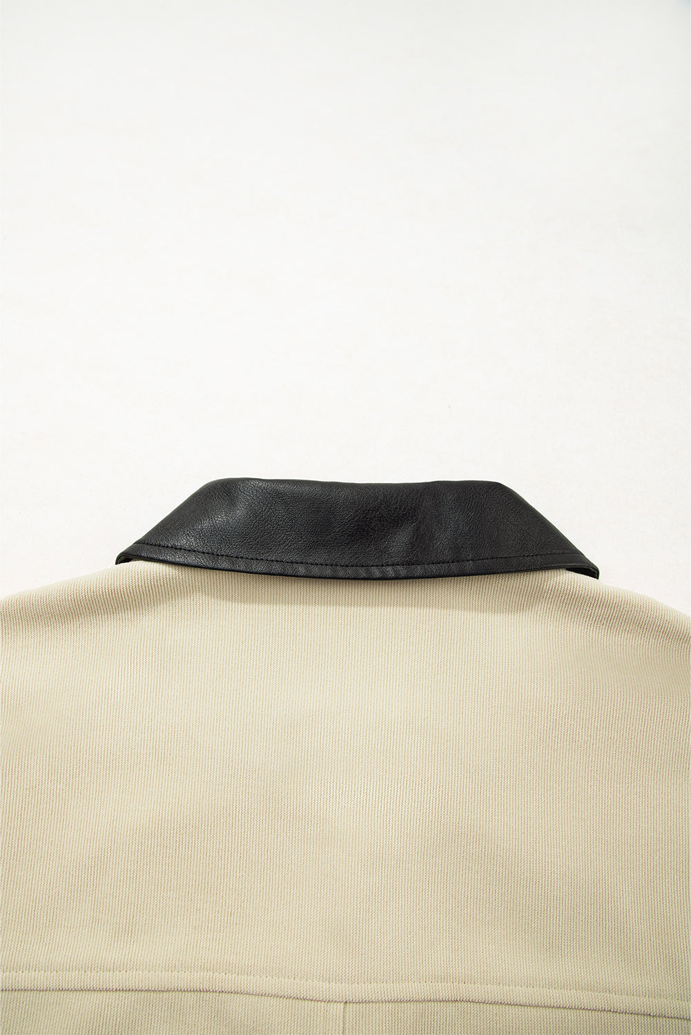 Contrast Faux Leather Collar Textured Zip-Up Jacket - eAura