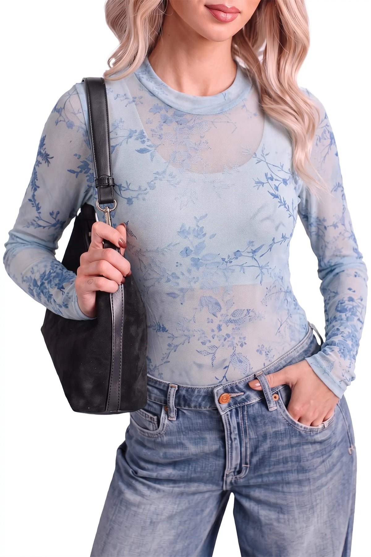 Sky Blue Sheer Mesh Floral Printed Mock Neck Long Sleeve Bodysuit – Light Blue