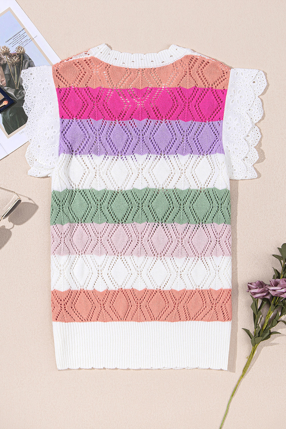 Rose Stripe Colourblock Hollowed Knit Scallop Edge Sweater Vest eAura