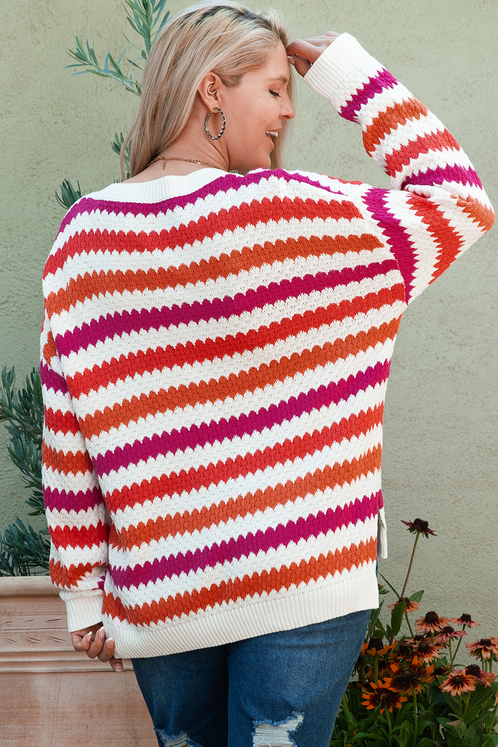 Pink Stripe V Neck Drop Shoulder Plus Size Sweater BB Fashion Outlet