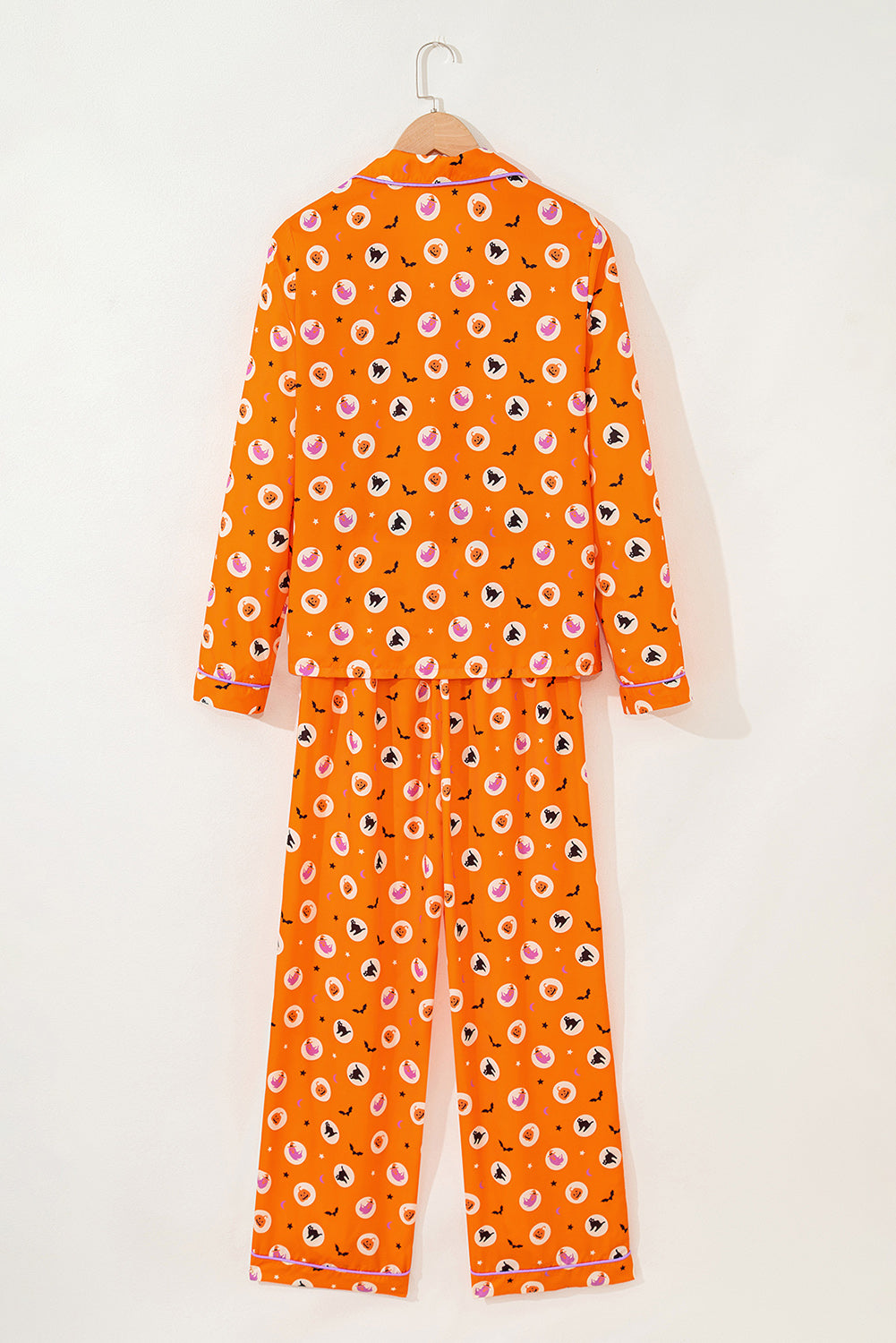 Orange Halloween Print Lapel Shirt Long 2pcs Pyjama Set - eAura