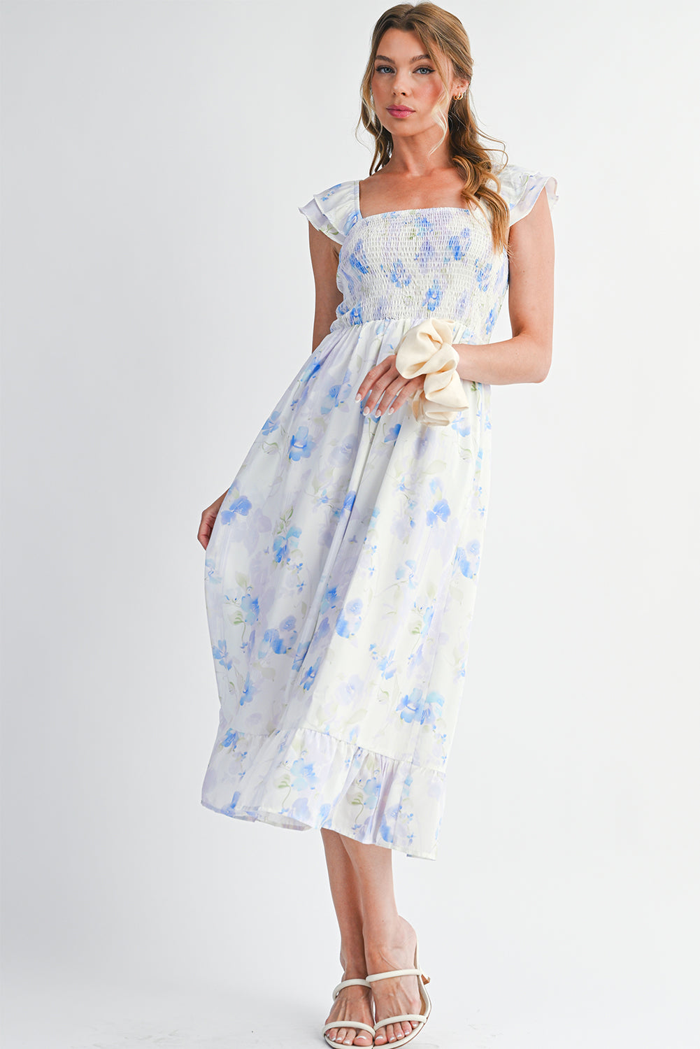 Floral Smocked  Ruffle Sleeveless Long Dress