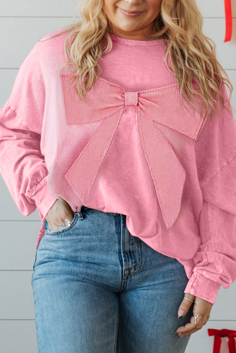 Bonbon Waffle Bowknot Patchwork Graphic Mineral Wash Plus Size Sweatshirt Dear-Lover Dropshipping