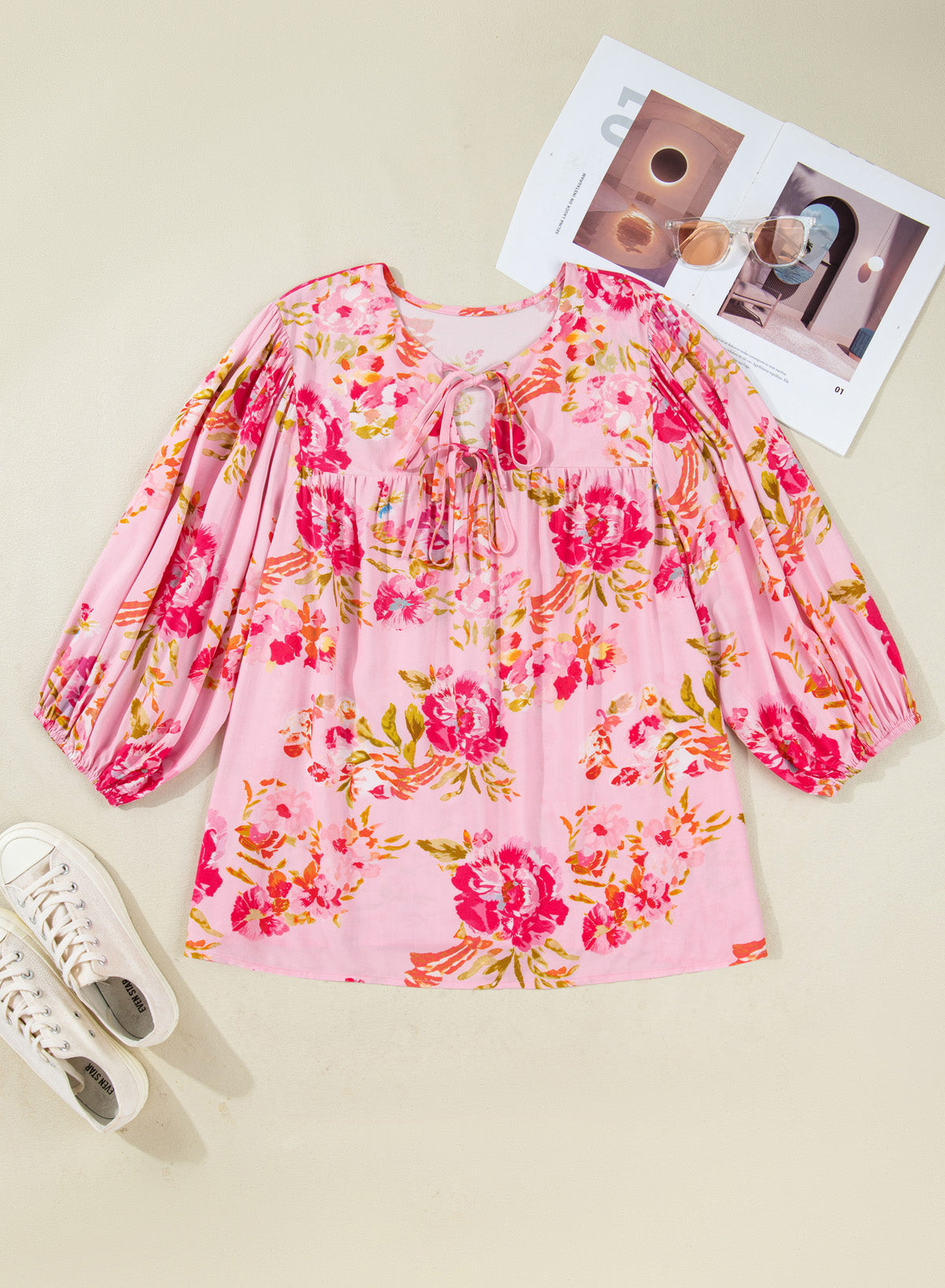 Plus Size Floral Print V Neck Tie Front Short Sleeve Tunic Top – Pink