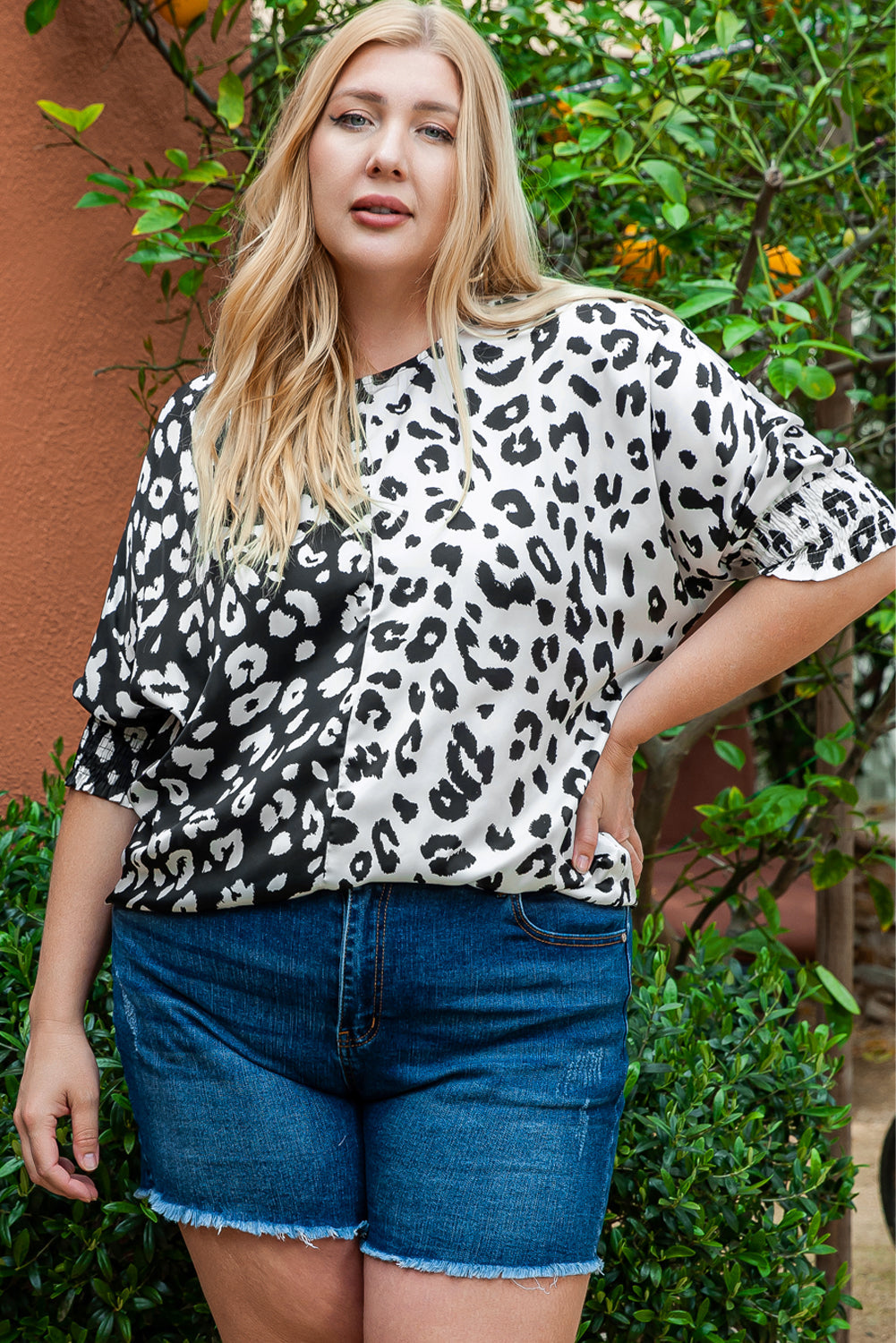 Black Plus Size Contrast Leopard Half Sleeve Blouse BB Fashion Outlet