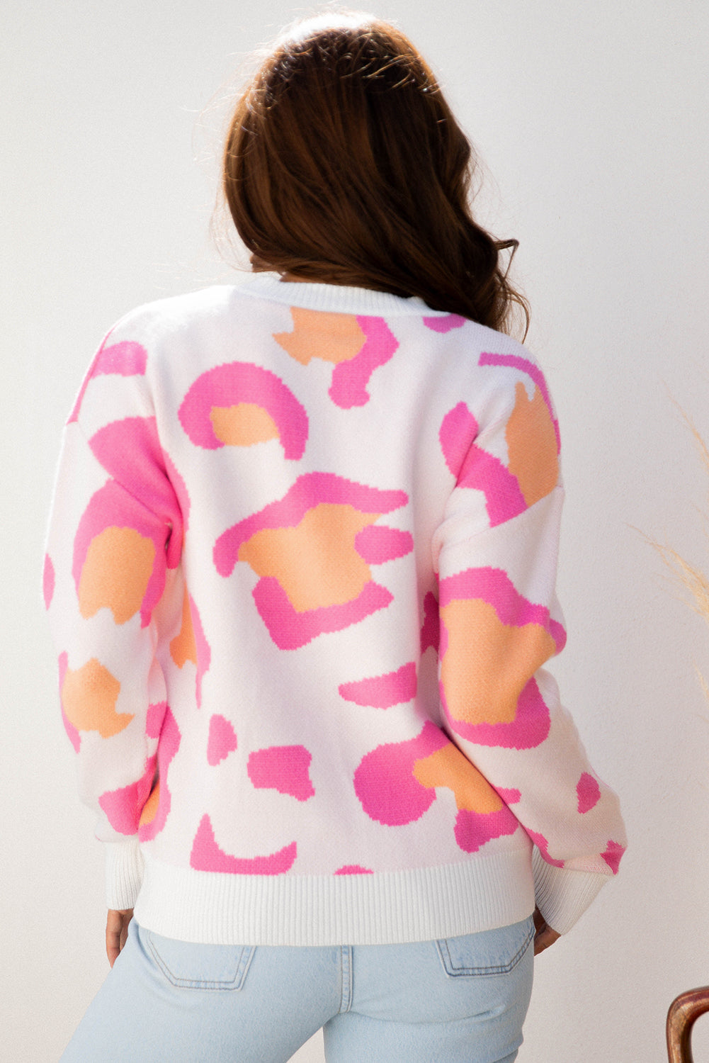 Pink Leopard Print Drop Shoulder Baggy Sweater - eAura