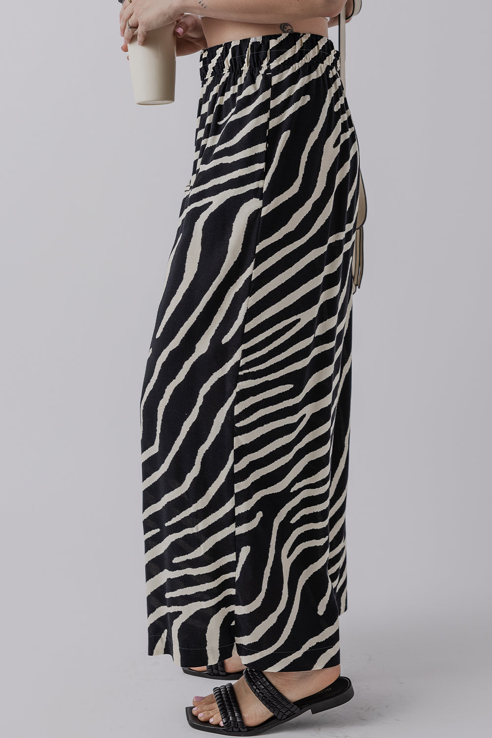 Black Zebra Striped Summer Wide Leg Trousers eAura