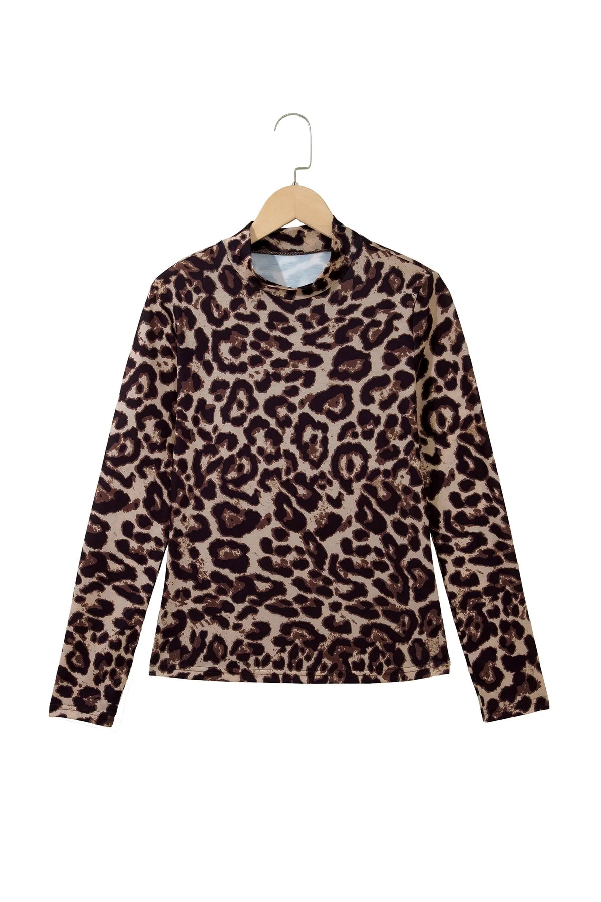Leopard High Neck Long Sleeve Western Slim Top – Khaki